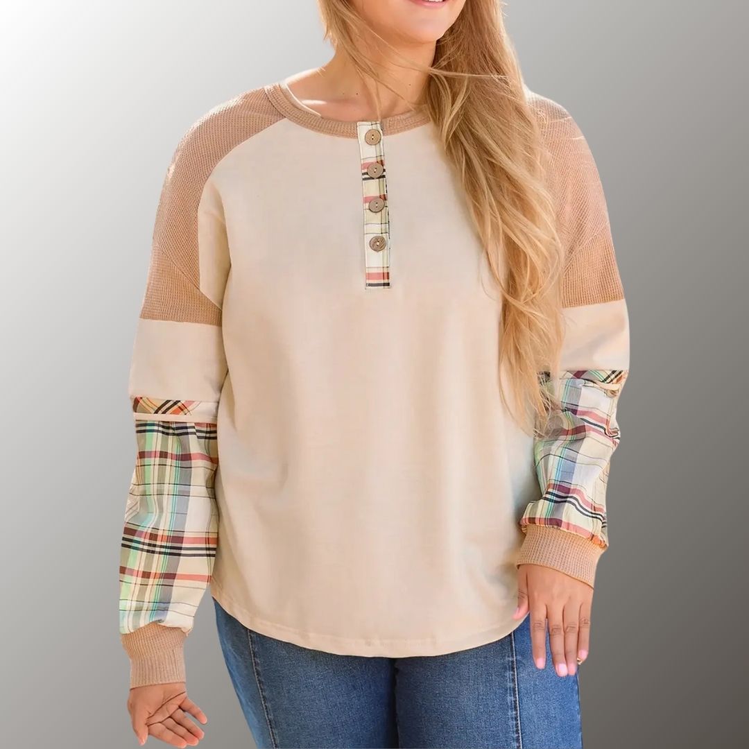 Beige Plaid Henley-Curvy